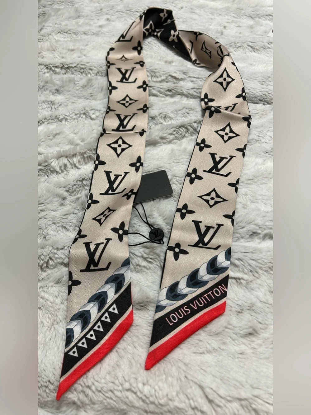 Black, Cream & Red Monogram Silk Twilly